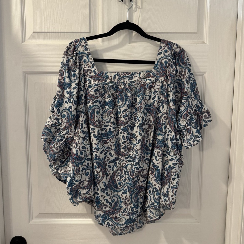 Terra & Sky Plus Sz 2X Peasant Top Paisley Print Ruffle Sleeve Blue Square Neck